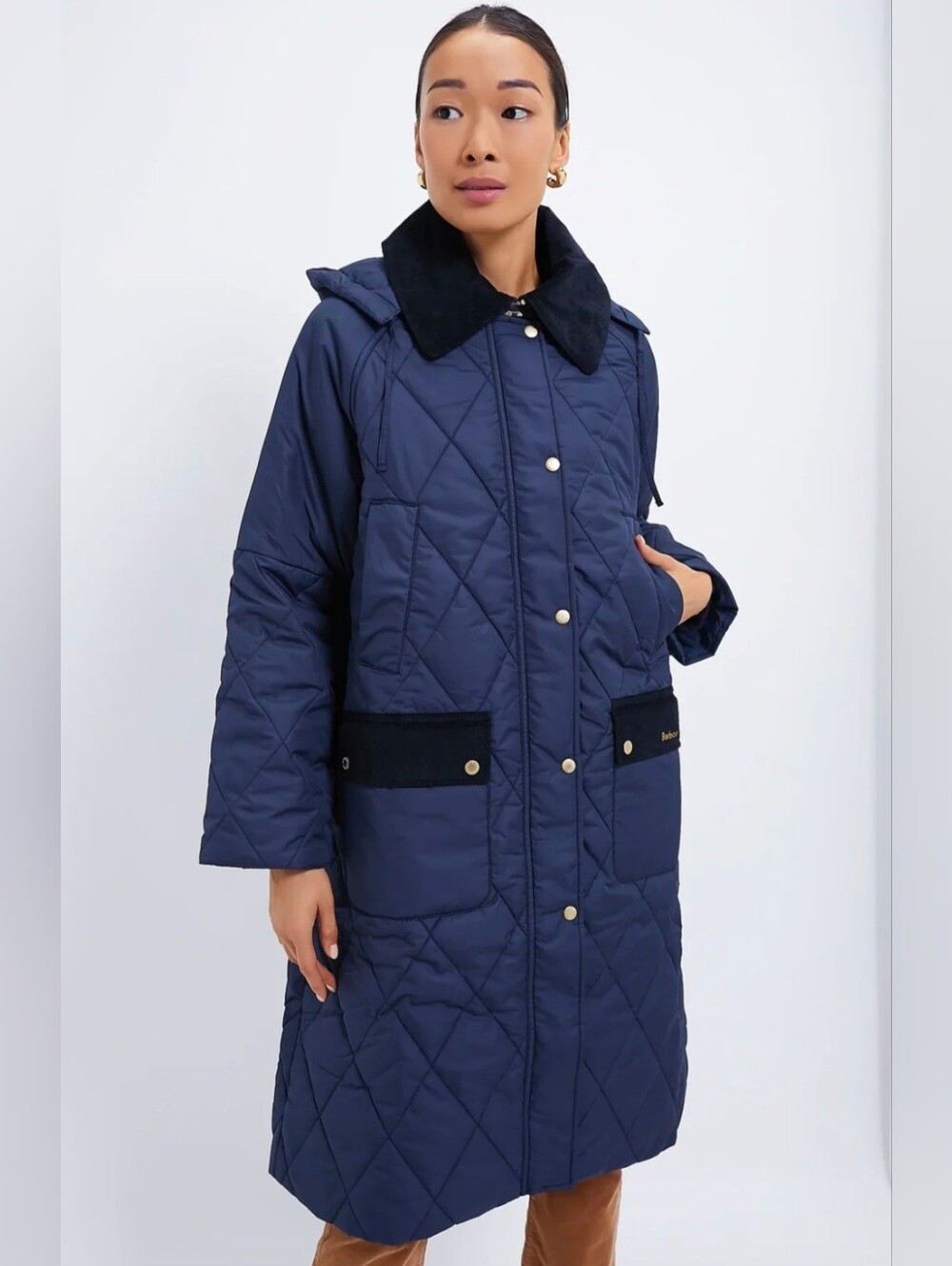 Barbour Cookston Quilted Long Coat Navy Classic Hooded Jacket Size 6